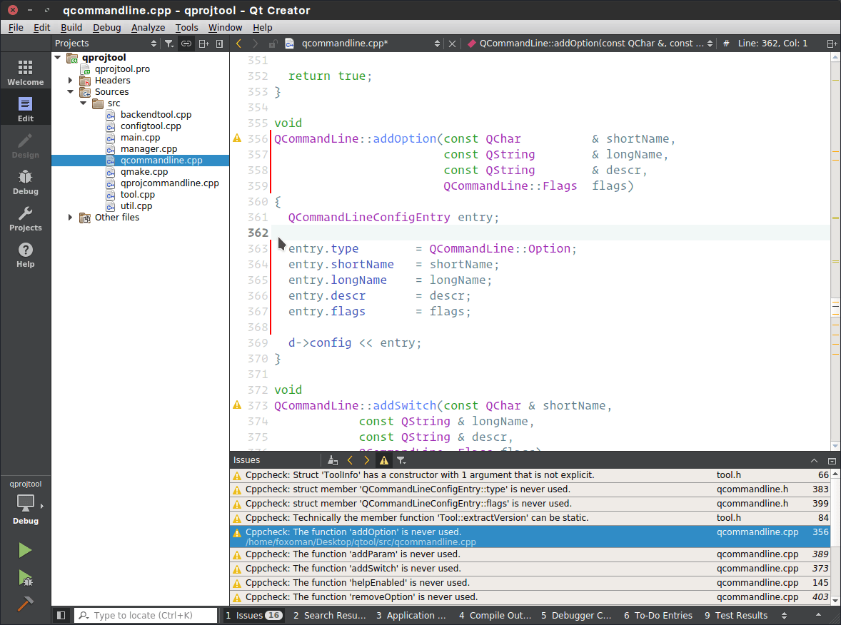 Using Cppcheck static analyzer tool in Qt Creator IDE